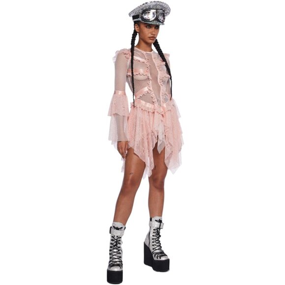 NWT Club Exx Pastel Pink Fishnet Ruffled Lace Bell Sleeve Fairycore Mini Dress - Picture 10 of 10